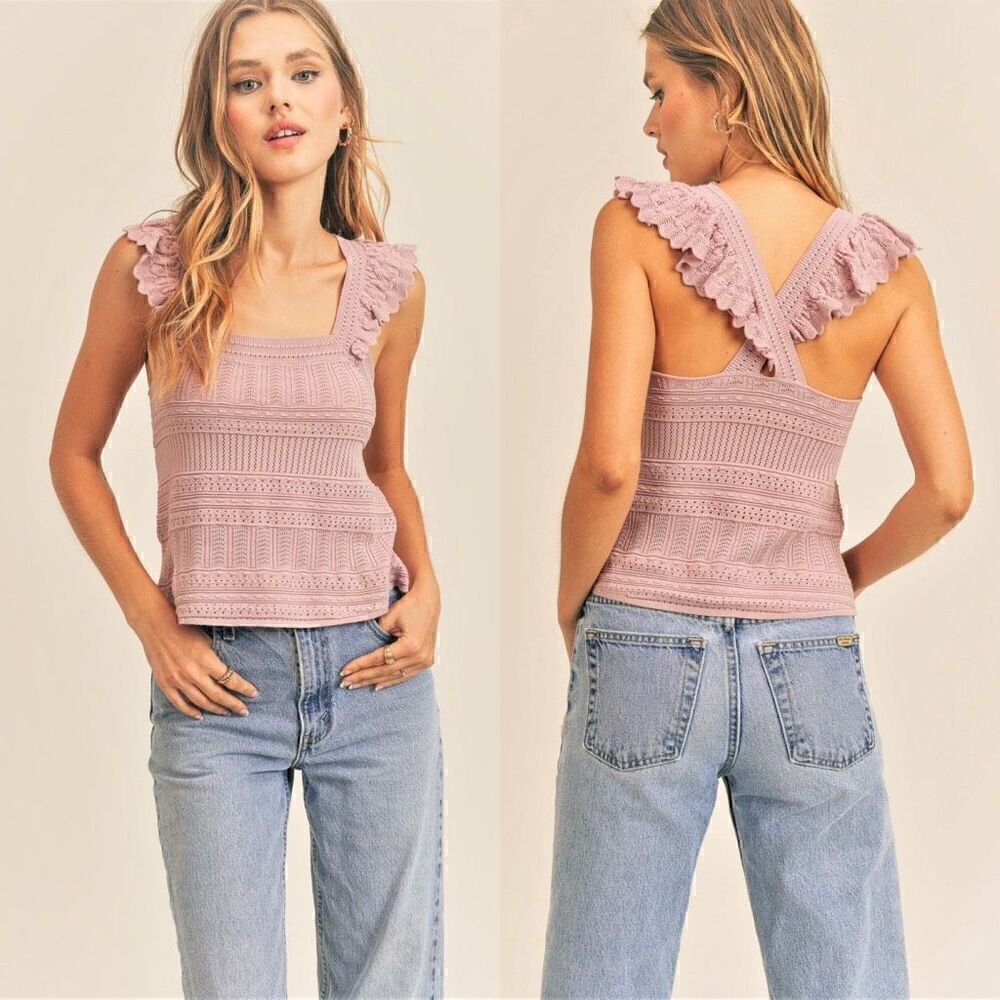 RESET Callie Knit Crochet Top Size L Lilac Cottage Core Coquette Sweet Cute